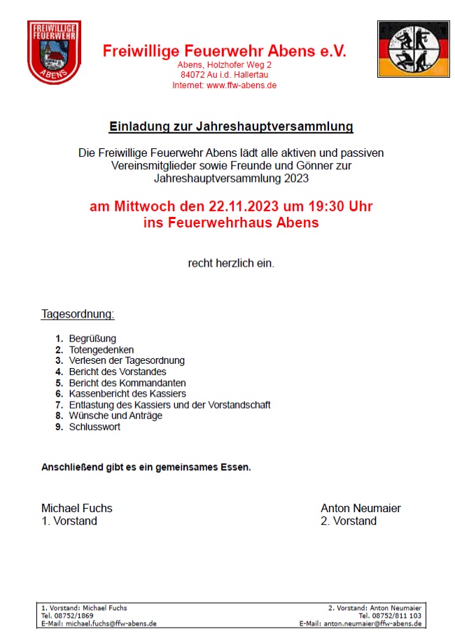 Einladung FFW JHV 2023